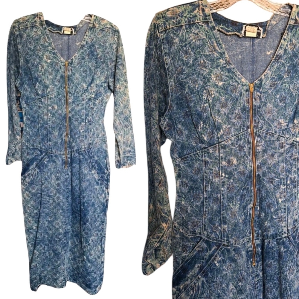 Vintage 80s 90s Acid Wash Denim Midi Dress Size Medium Corset Western Festival